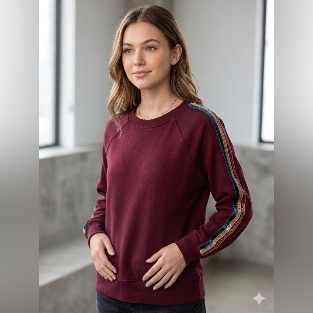 EVEREVE Burgundy Raglan Sweatshirt with Velvet Sleeve Stripes - XS
